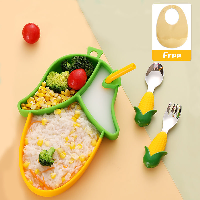 Silicone Baby feeding Dish Set Food Grade Corn Style Suction Children Tableware for Kids Divided Food Plate 304 Fork Spoon Set