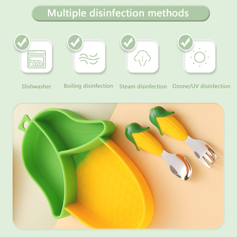 Silicone Baby feeding Dish Set Food Grade Corn Style Suction Children Tableware for Kids Divided Food Plate 304 Fork Spoon Set