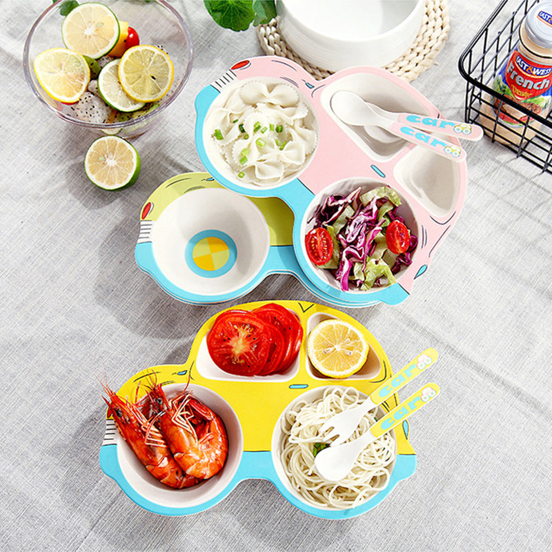 Bamboo Fiber Children's Cartoon Car Shape Cutlery Set Plate Baby Split Tableware