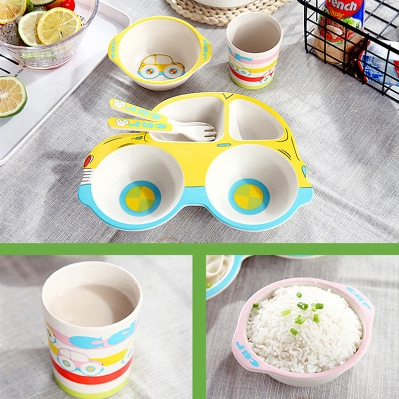 Bamboo Fiber Children's Cartoon Car Shape Cutlery Set Plate Baby Split Tableware