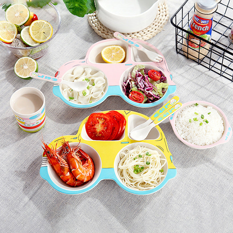 Bamboo Fiber Children's Cartoon Car Shape Cutlery Set Plate Baby Split Tableware