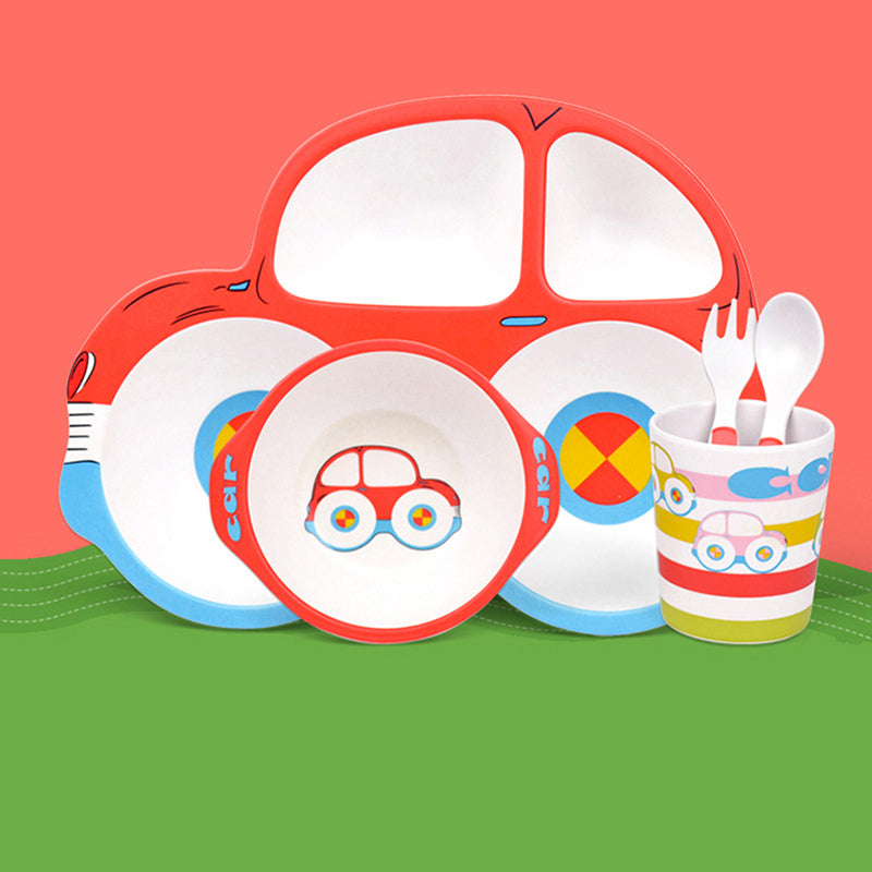 Bamboo Fiber Children's Cartoon Car Shape Cutlery Set Plate Baby Split Tableware
