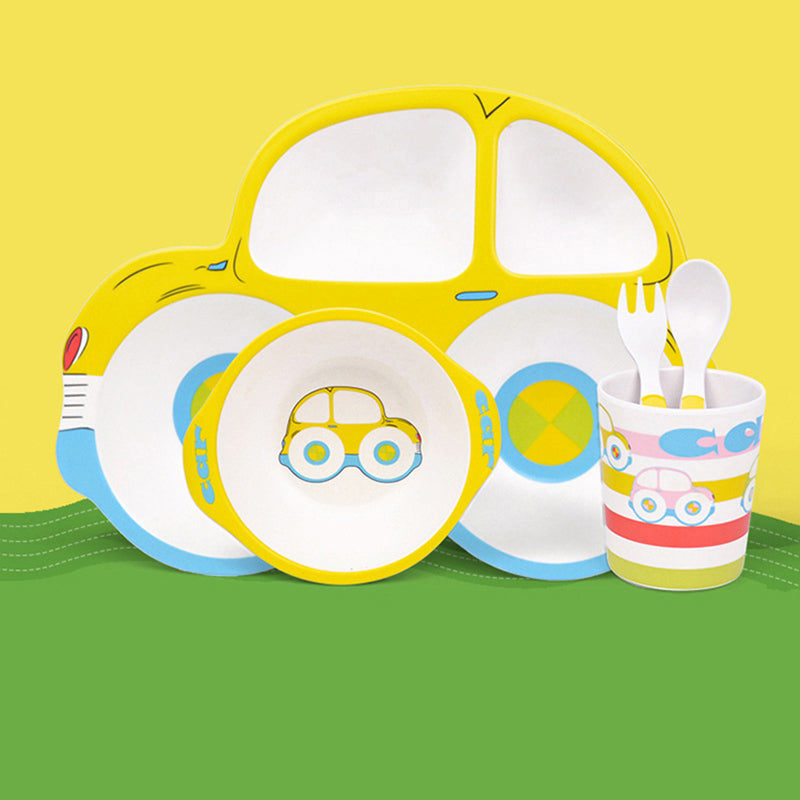 Bamboo Fiber Children's Cartoon Car Shape Cutlery Set Plate Baby Split Tableware