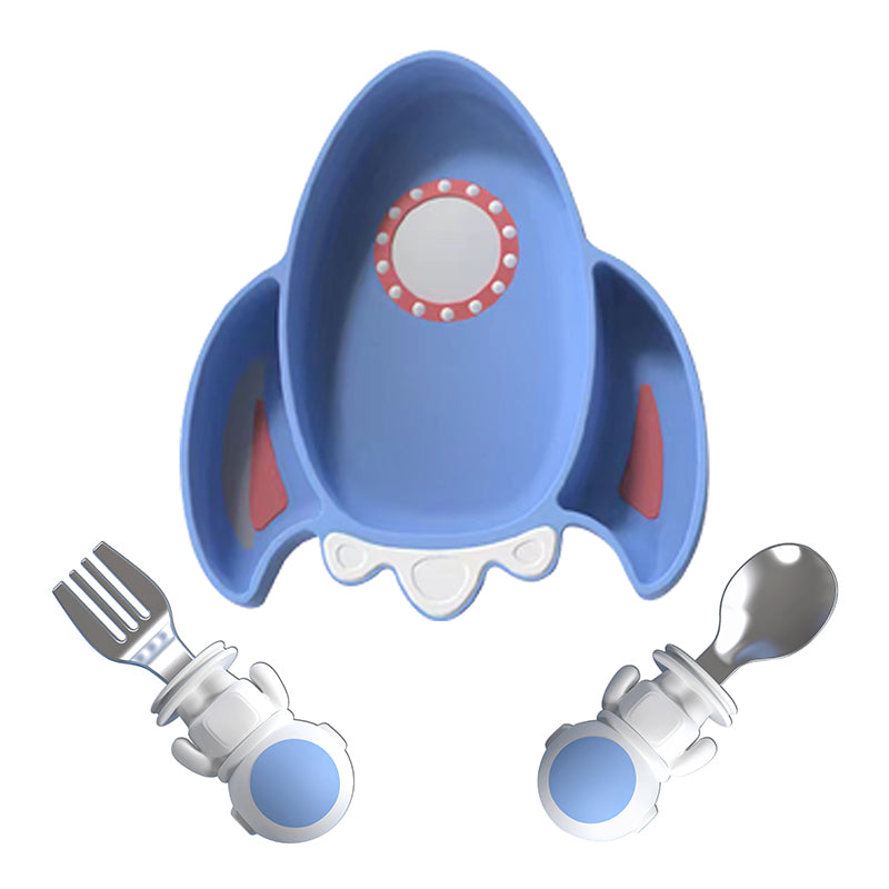Silicone Baby Feeding Set Cartoon Non-slip Baby Bib Sucker Bowl Plate Cup Spoon Fork Sets Divided Plate Feeding Tableware