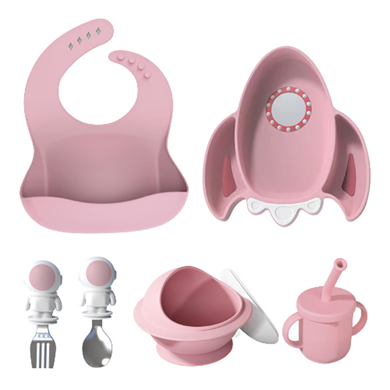 Silicone Baby Feeding Set Cartoon Non-slip Baby Bib Sucker Bowl Plate Cup Spoon Fork Sets Divided Plate Feeding Tableware