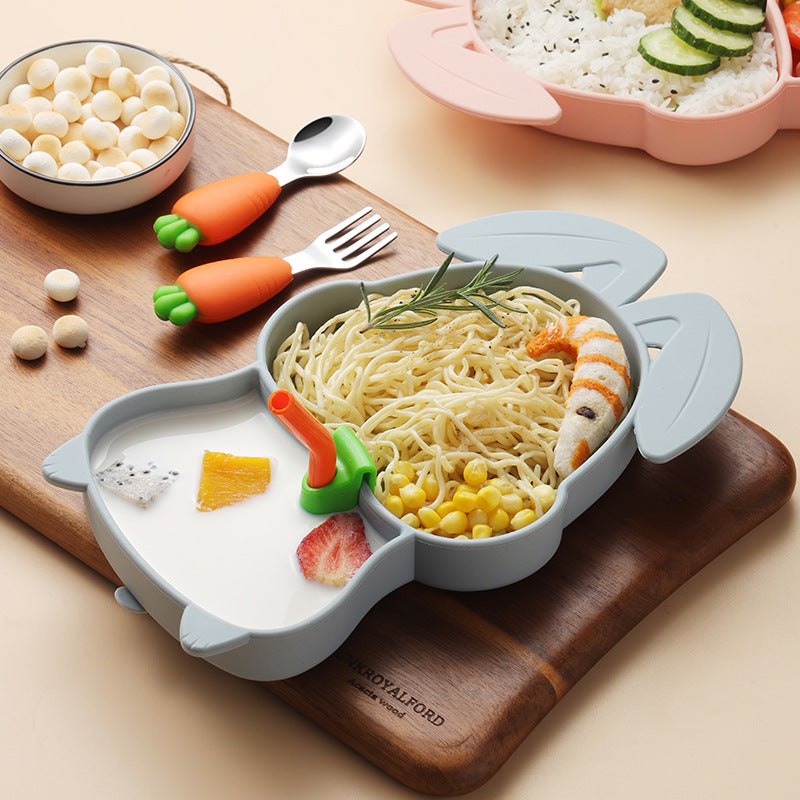Silicone Baby Feeding Dish Set Food Grade Children Suction Tableware For Kids 304 Fork Spoon Set Cute Divided Food Dishes