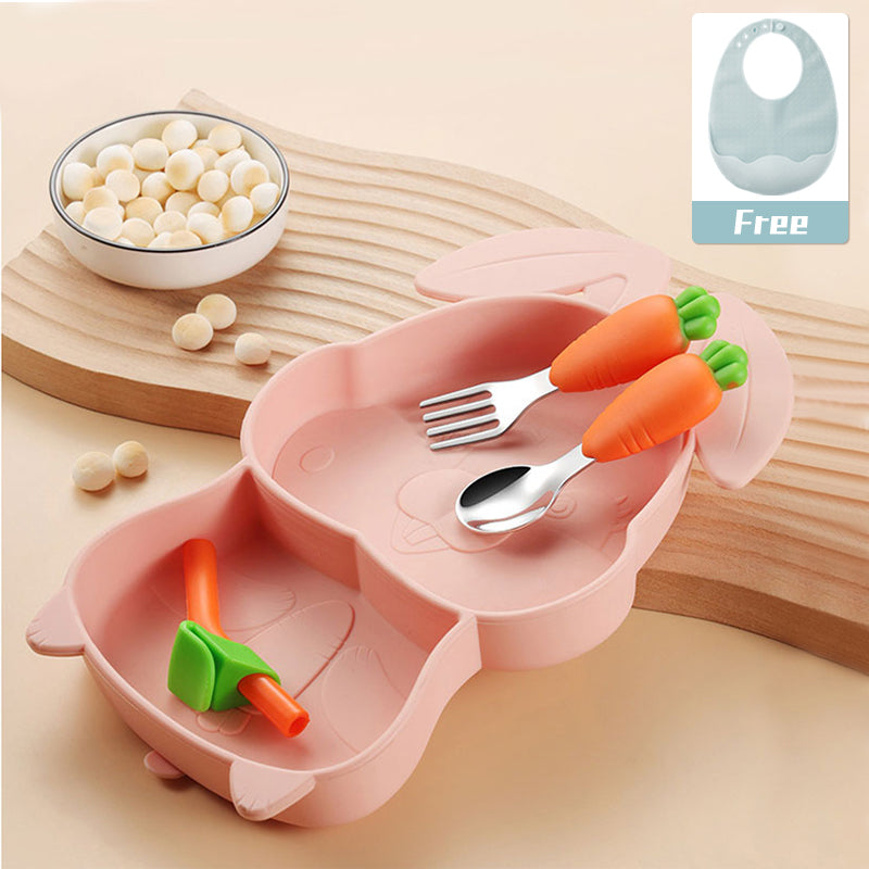 Silicone Baby Feeding Dish Set Food Grade Children Suction Tableware For Kids 304 Fork Spoon Set Cute Divided Food Dishes
