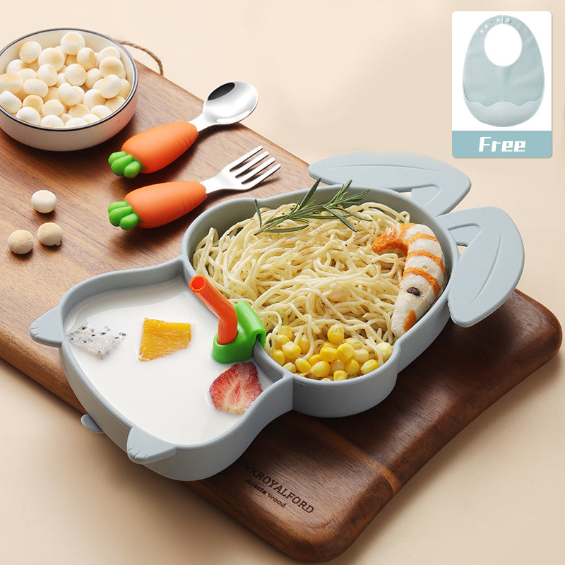 Silicone Baby Feeding Dish Set Food Grade Children Suction Tableware For Kids 304 Fork Spoon Set Cute Divided Food Dishes